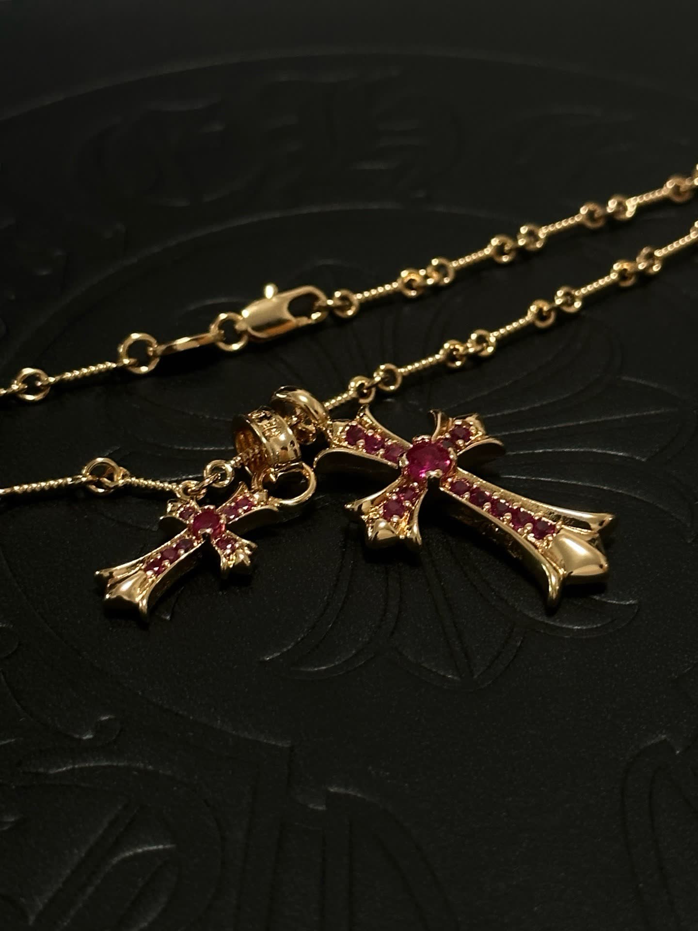 Chrome Hearts Gold Plated Cross Pendant with Ruby Stones